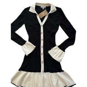 Rihoas dress black white stretchy small ribbed knit pearl buttons NWT